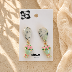 Mint yeşili Buketi – Çiçek Buketli Sallantılı Küpe