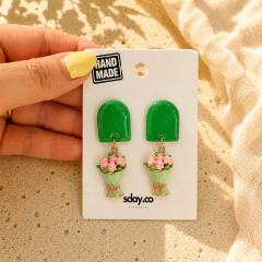 Yeşil Bahçe | Pembe Çiçekli Sallantılı Küpe